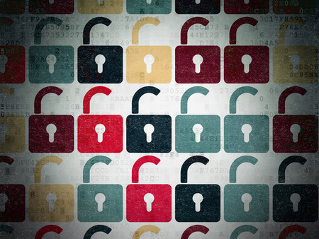 Protection concept: Painted multicolor Opened Padlock icons on Digital Paper digital background, 3d...