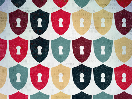 Security concept: Painted multicolor Shield With Keyhole icons on Digital Paper background, 3d renderの写真素材