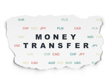 Business concept: Painted black text Money Transfer on Torn Paper background with  Currency, 3d renderの写真素材