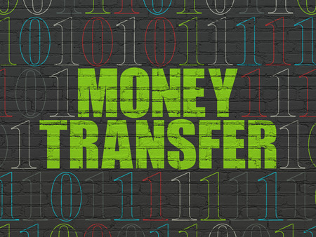Business concept: Painted green text Money Transfer on Black Brick wall background with Binary Code, 3d renderの写真素材