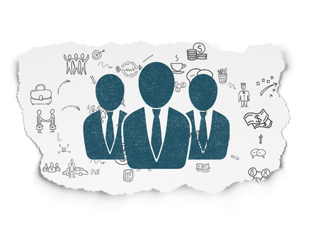 Finance concept: Painted blue Business People icon on Torn Paper background with Scheme Of Hand Drawn Business Icons, 3d renderの写真素材