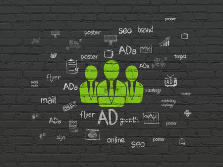 Marketing concept: Painted green Business People icon on Black Brick wall background with  Hand Drawn Marketing Icons, 3d renderの写真素材