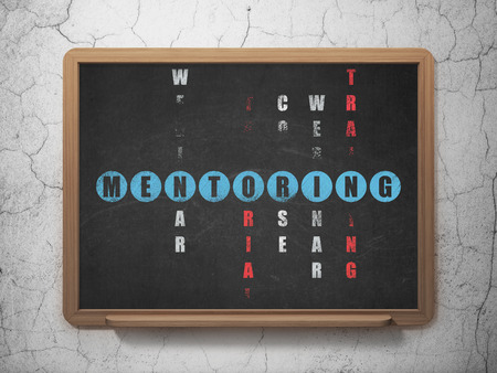 Education concept: Painted blue word Mentoring in solving Crossword Puzzle on School Board background, 3d renderの写真素材