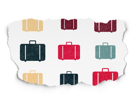 Tourism concept: Painted multicolor Bag icons on Torn Paper background, 3d renderの写真素材