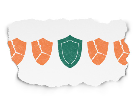 Security concept: row of Painted orange broken shield icons around green shield icon on Torn Paper background, 3d renderの写真素材