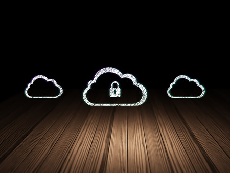Cloud networking concept: row of Glowing cloud icons around cloud with padlock icon in grunge dark...