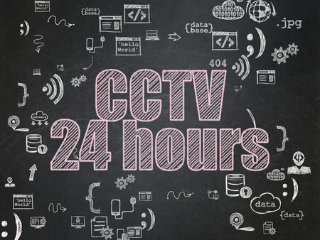 Protection concept: Chalk Pink text CCTV 24 hours on School Board background with Scheme Of Hand Drawn Programming Icons, 3d renderの写真素材
