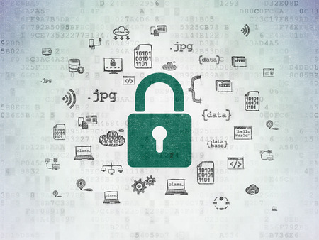 Safety concept: Painted green Closed Padlock icon on Digital Paper background with  Hand Drawn Programming Icons, 3d renderの写真素材