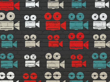 Vacation concept: Painted multicolor Camera icons on Black Brick wall background, 3d renderの写真素材