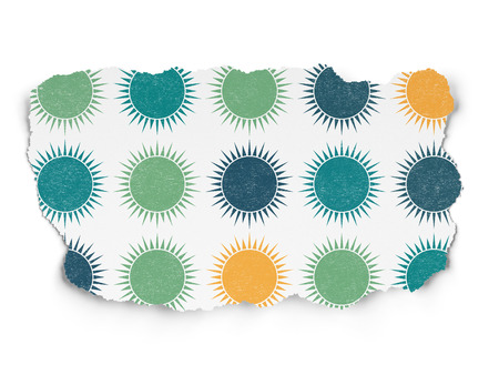 Vacation concept: Painted multicolor Sun icons on Torn Paper background, 3d render