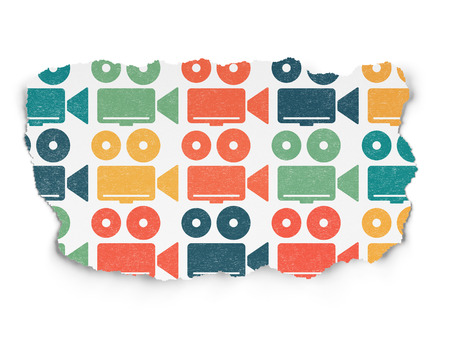 Travel concept: Painted multicolor Camera icons on Torn Paper background, 3d renderの写真素材