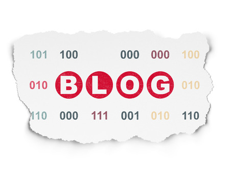 Web development concept: Painted red text Blog on Torn Paper background with  Binary Code, 3d renderの写真素材