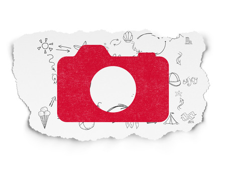 Vacation concept: Painted red Photo Camera icon on Torn Paper background with Scheme Of Hand Drawn Vacation Icons, 3d renderの写真素材