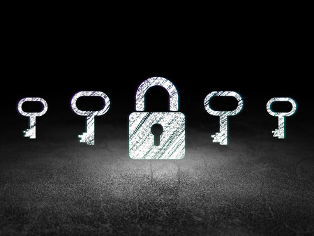 Privacy concept: row of Glowing key icons around closed padlock icon in grunge dark room Dirty Floor, dark background, 3d renderの写真素材