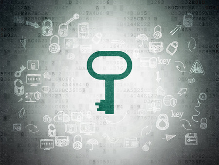 Privacy concept: Painted green Key icon on Digital Paper background with Scheme Of Hand Drawn Security Icons, 3d renderの写真素材
