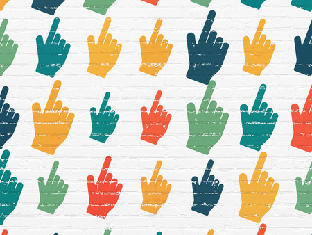 Web development concept: Painted multicolor Mouse Cursor icons on White Brick wall background, 3d renderの写真素材