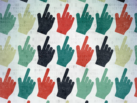 Marketing concept: Painted multicolor Mouse Cursor icons on Digital Paper background, 3d renderの写真素材