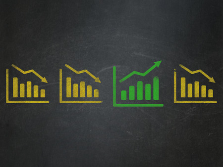 Business concept: row of Painted yellow decline graph icons around green growth graph icon on School Board background, 3d renderの写真素材