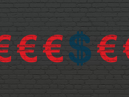 Currency concept: row of Painted red euro icons around blue dollar icon on Black Brick wall background, 3d renderの写真素材