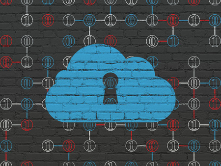 Cloud technology concept: Painted blue Cloud With Keyhole icon on Black Brick wall background with Scheme Of Binary Code, 3d renderの写真素材