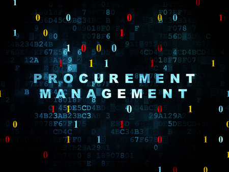 Business concept: Pixelated blue text Procurement Management on Digital wall background with Binary Code, 3d renderの写真素材