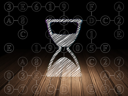 Time concept: Glowing Hourglass icon in grunge dark room with Wooden Floor, black background with Scheme Of Hexadecimal Code, 3d renderの写真素材