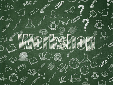 Education concept: Chalk White text Workshop on School Board background with  Hand Drawn Education Icons, 3d renderの写真素材