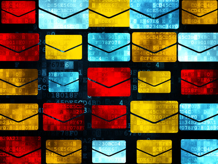 Finance concept: Pixelated multicolor Email icons on Digital background, 3d renderの写真素材