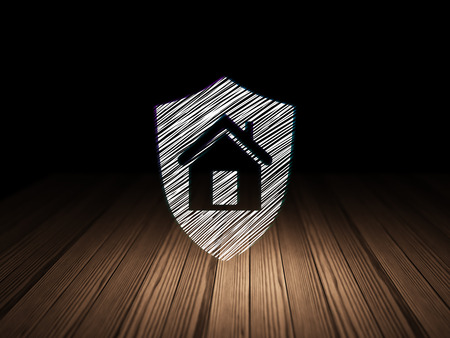 Business concept: Glowing Shield icon in grunge dark room with Wooden Floor, black background, 3d renderの写真素材