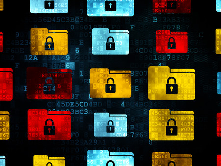 Business concept: Pixelated multicolor Folder With Lock icons on Digital background, 3d renderの写真素材