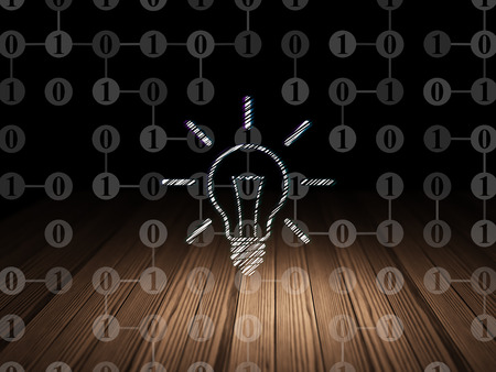 Finance concept: Glowing Light Bulb icon in grunge dark room with Wooden Floor, black background with Scheme Of Binary Code, 3d renderの写真素材