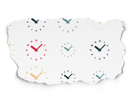Time concept: Painted multicolor Clock icons on Torn Paper background, 3d renderの写真素材