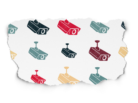 Security concept: Painted multicolor Cctv Camera icons on Torn Paper background, 3d renderの写真素材