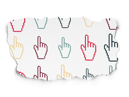 Web design concept: Painted multicolor Mouse Cursor icons on Torn Paper background, 3d renderの写真素材