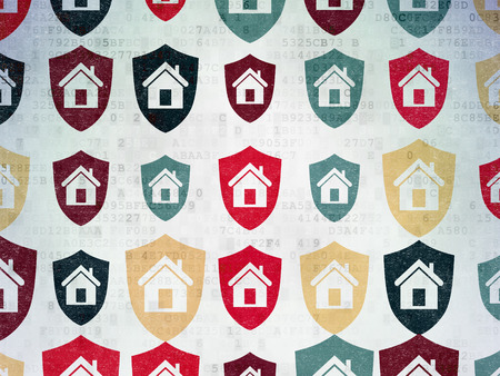 Finance concept: Painted multicolor Shield icons on Digital Paper background, 3d renderの写真素材