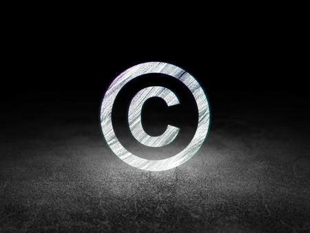 Law concept: Glowing Copyright icon in grunge dark room with Dirty Floor, black background, 3d...