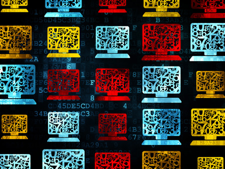 Studying concept: Pixelated multicolor Computer Pc icons on Digital background, 3d renderの写真素材