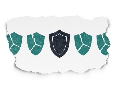 Privacy concept: row of Painted blue broken shield icons around black shield icon on Torn Paper background, 3d renderの写真素材