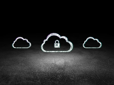 Cloud technology concept: row of Glowing cloud icons around cloud with padlock icon in grunge dark room Dirty Floor, dark background, 3d renderの写真素材