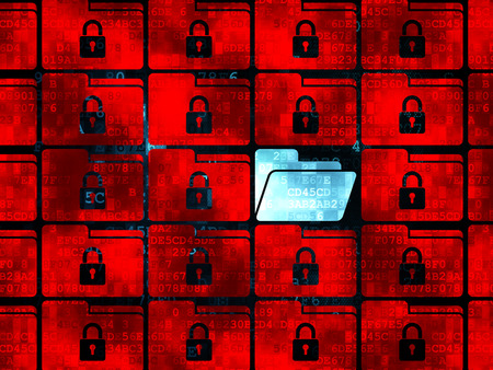 Protection concept: rows of Pixelated red folder with lock icons around blue folder icon on Digital background, 3d renderの写真素材
