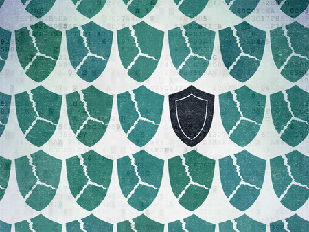 Safety concept: rows of Painted blue broken shield icons around black shield icon on Digital Paper background, 3d renderの写真素材
