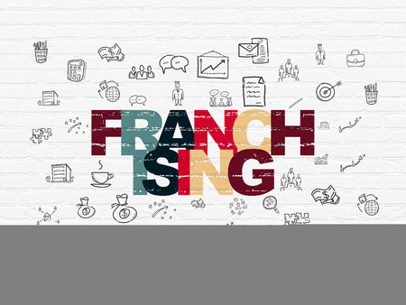 Business concept: Painted multicolor text Franchising on White Brick wall background with  Hand Drawn Business Icons, 3d renderの写真素材