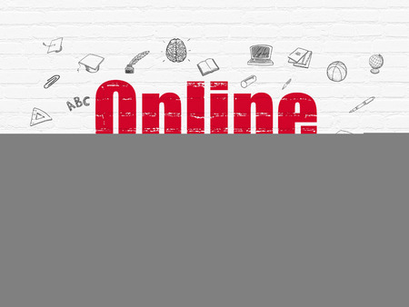 Education concept: Painted red text Online Training on White Brick wall background with  Hand Drawn Education Icons, 3d renderの写真素材