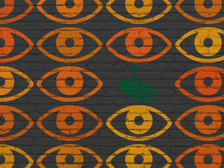 Security concept: rows of Painted orange eye icons around green cctv camera icon on Black Brick wall background, 3d renderの写真素材