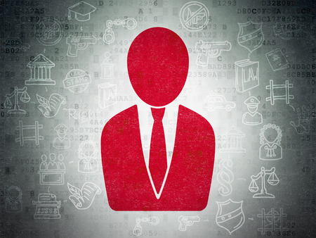 Law concept: Painted red Business Man icon on Digital Paper background with Scheme Of Hand Drawn Law Icons, 3d renderの写真素材