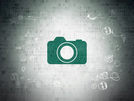 Vacation concept: Painted green Photo Camera icon on Digital Paper background with Scheme Of Hand Drawn Vacation Icons, 3d renderの写真素材
