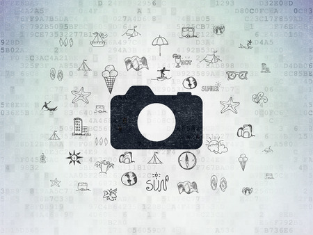 Travel concept: Painted black Photo Camera icon on Digital Paper background with  Hand Drawn Vacation Icons, 3d renderの写真素材