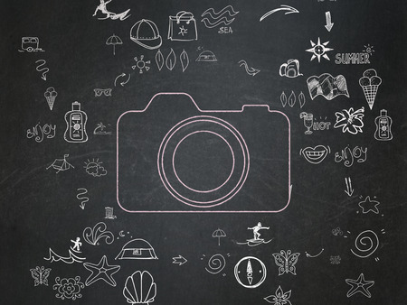 Travel concept: Chalk Pink Photo Camera icon on School Board background with Scheme Of Hand Drawn Vacation Icons, 3d renderの写真素材