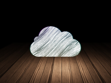Cloud technology concept: Glowing Cloud icon in grunge dark room with Wooden Floor, black background, 3d renderの写真素材