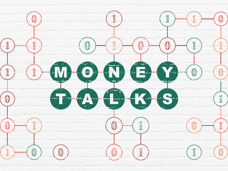 Finance concept: Painted green text Money Talks on White Brick wall background with Binary Code, 3d renderの写真素材
